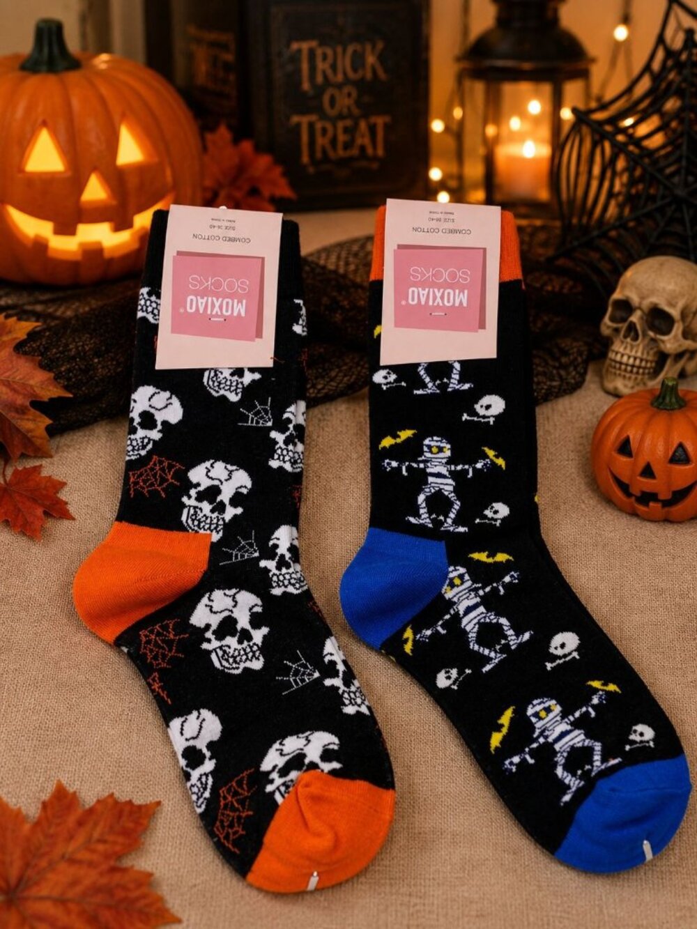 Womens Halloween Crew Socks 2-Pack Skulls Spider Webs Mummies Black Orange Blue